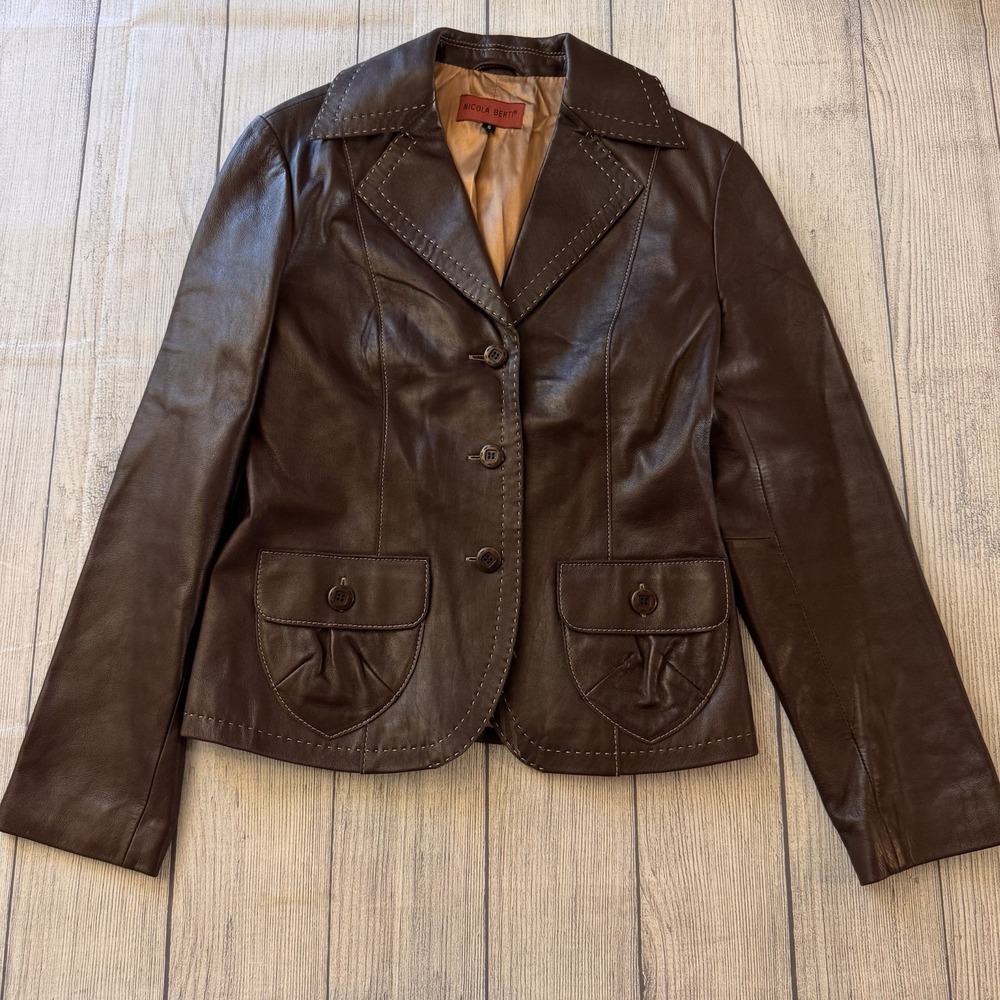 Nicola Berti Brown Genuine Italian Leather Blazer Jacket Women's Small